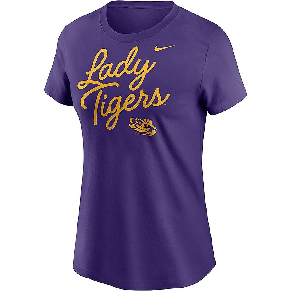 NWT Nike Womens LSU Tigers Script Over Logo Purple T-Shirt Size Medium - Picture 2 of 9